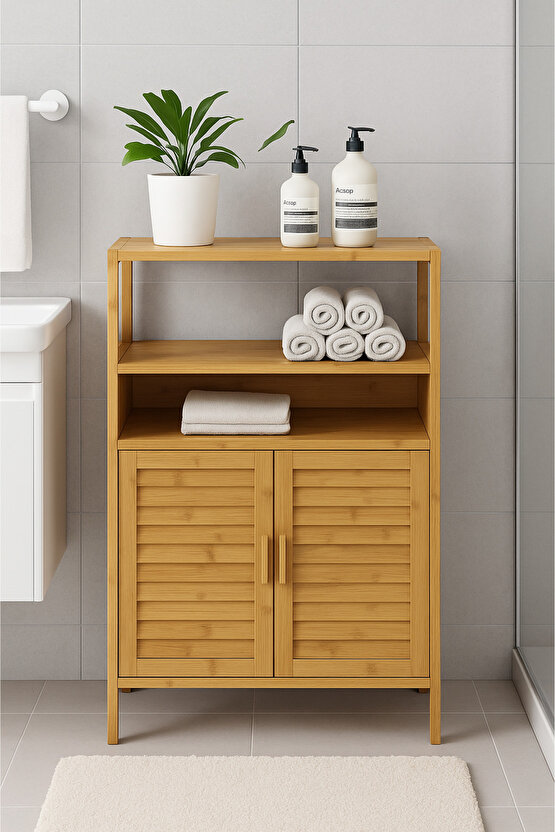 Doğal Bambu Çok Amaçlı Kapaklı Dolap – Raflı Depolama Ünitesi 63,5x27x82 cm