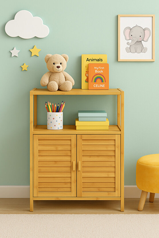 Doğal Bambu Çok Amaçlı Kapaklı Dolap – Raflı Depolama Ünitesi 63,5x27x82 cm