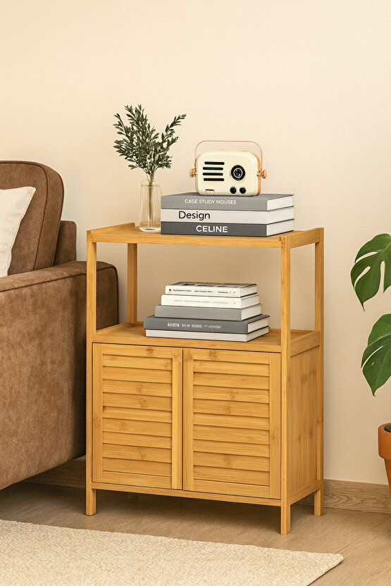 Doğal Bambu Çok Amaçlı Kapaklı Dolap – Raflı Depolama Ünitesi 63,5x27x82 cm