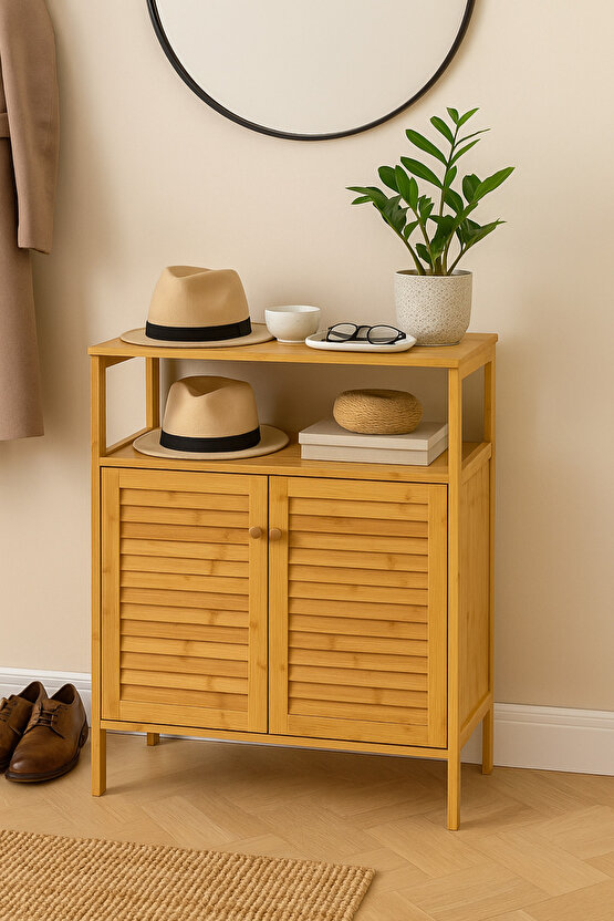 Doğal Bambu Çok Amaçlı Kapaklı Dolap – Raflı Depolama Ünitesi 63,5x27x82 cm