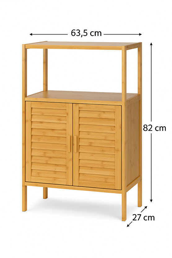 Doğal Bambu Çok Amaçlı Kapaklı Dolap – Raflı Depolama Ünitesi 63,5x27x82 cm