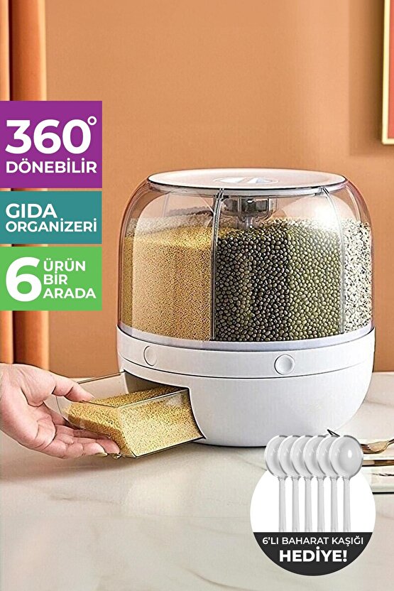 360° Dönebilen Kuru Gıda Ve Bakliyat Organizeri 6 Bölmeli Hava Geçirmez Saklama Kabı 6 Lt