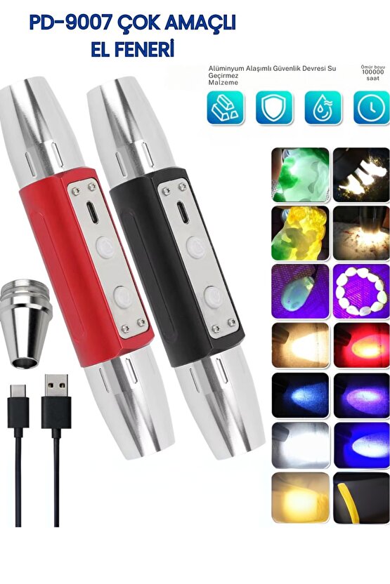 Profesyonel Şarjlı Çift Uçlu 6 Işıklı 20W 500 Lümen UV El Feneri