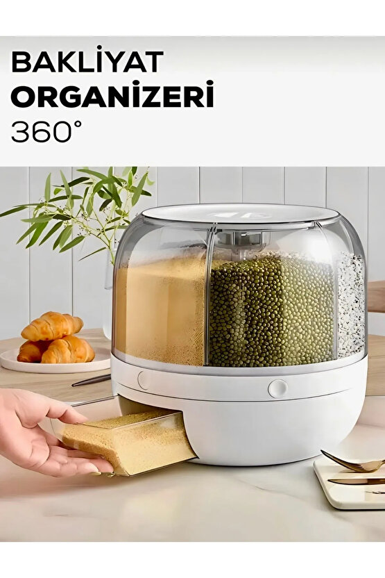Kuru Gıda Ve Bakliyat Organizeri 360° Dönebilen 6 Bölmeli Hava Geçirmez Saklama Kabı 6 Lt