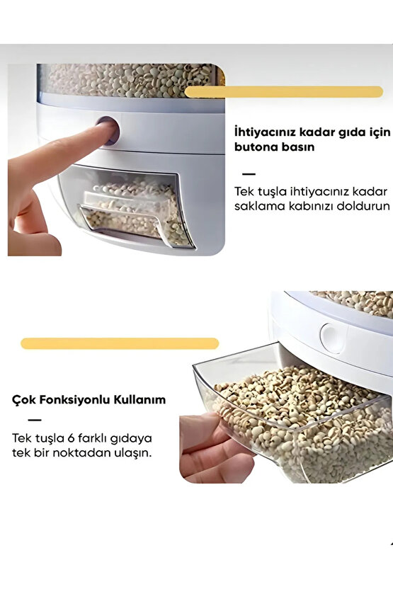 Kuru Gıda Ve Bakliyat Organizeri 360° Dönebilen 6 Bölmeli Hava Geçirmez Saklama Kabı 6 Lt