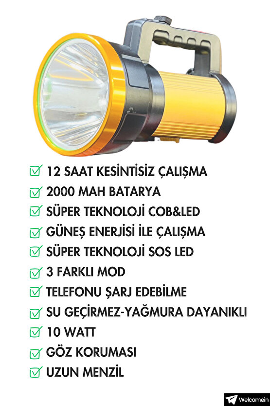Şarjlı 12 Saat Kesintisiz Yağmura Dayanıklı Çok işlevli Güneş Enerjili Profesyonel LED El Feneri