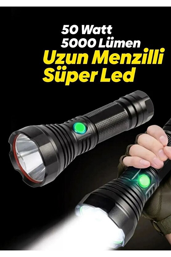 50 Watt 5000 Lümen Süper Led Uzun Menzilli 546 Metreye Kadar Güçlü 1x26650 Lion Batarya