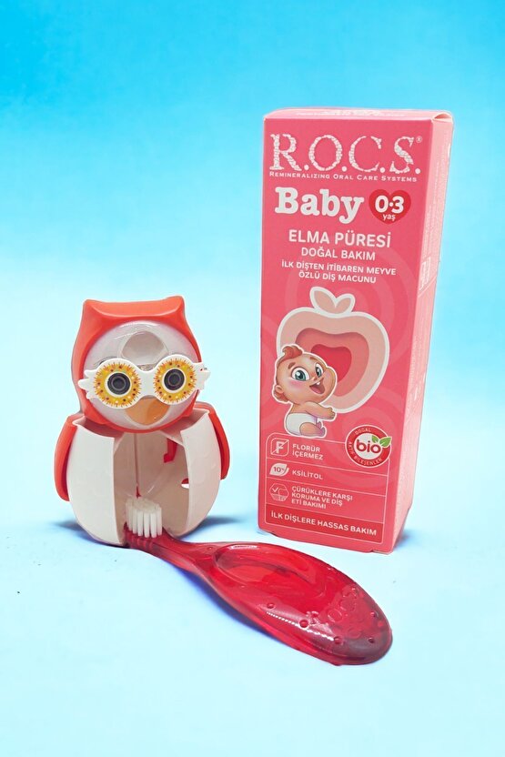 Rocs Baby Owl Bakım Seti - Bebek Diş Macunu + Diş Fırçası + Flipper Baykuş Saklama Kabı