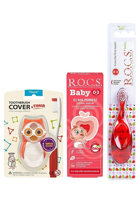 Rocs Baby Owl Bakım Seti - Bebek Diş Macunu + Diş Fırçası + Flipper Baykuş Saklama Kabı