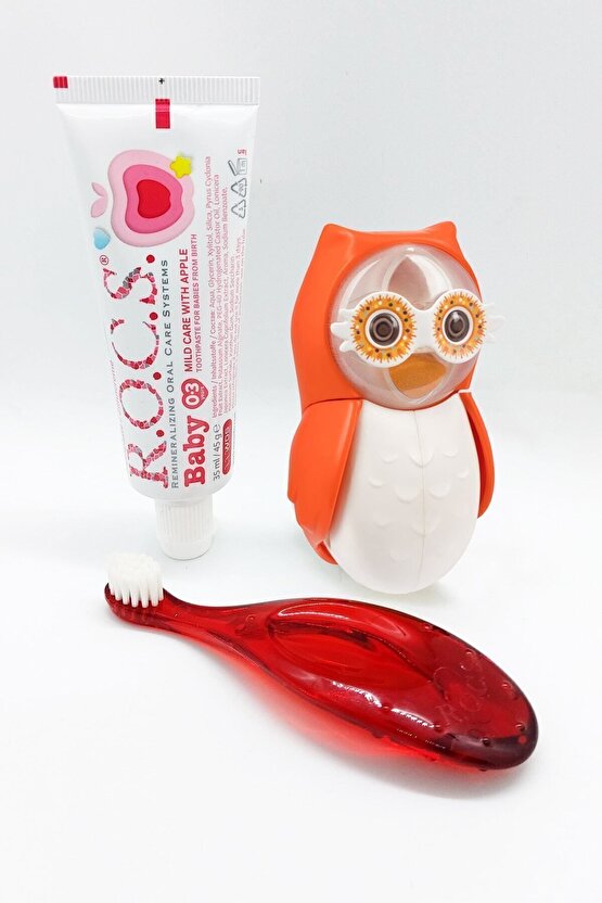 Rocs Baby Owl Bakım Seti - Bebek Diş Macunu + Diş Fırçası + Flipper Baykuş Saklama Kabı