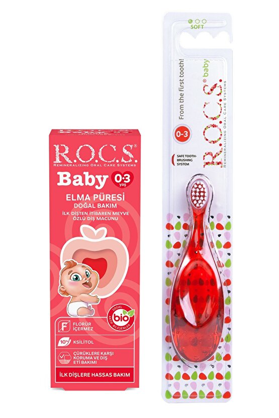 Rocs Baby 0-3 Yaş Elma Püresi Tadında Diş Macunu 45g Kırmızı Diş Fırçası Seti