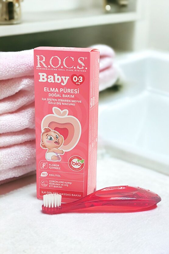 Rocs Baby 0-3 Yaş Elma Püresi Tadında Diş Macunu 45g Kırmızı Diş Fırçası Seti