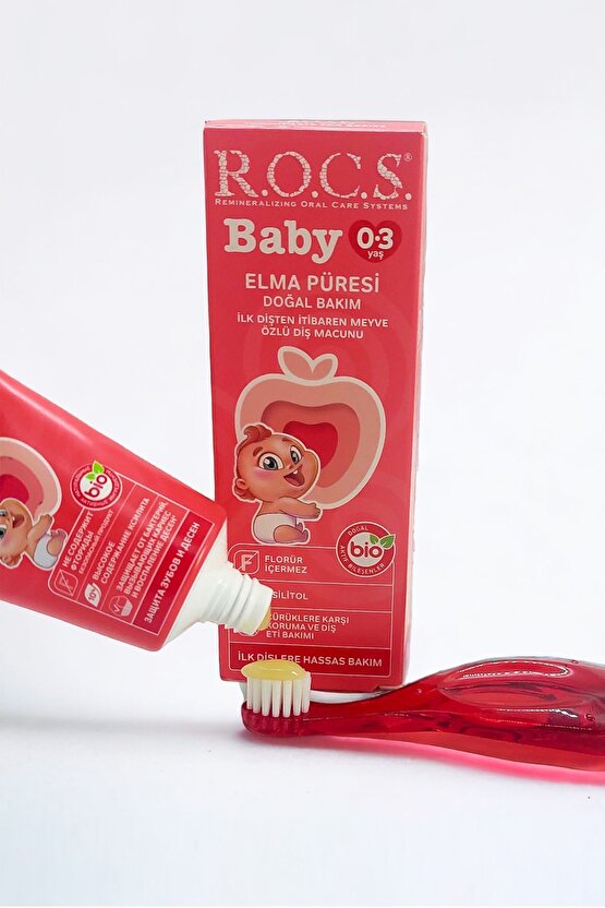 Rocs Baby 0-3 Yaş Elma Püresi Tadında Diş Macunu 45g Kırmızı Diş Fırçası Seti