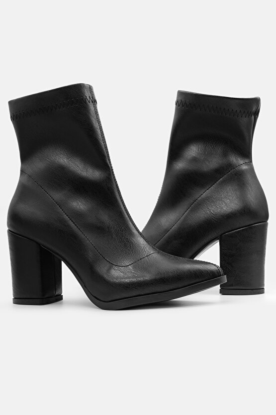 Kadın Bot Siyah Sivri Burun Topuklu Kadın Bot Streç Bilekli