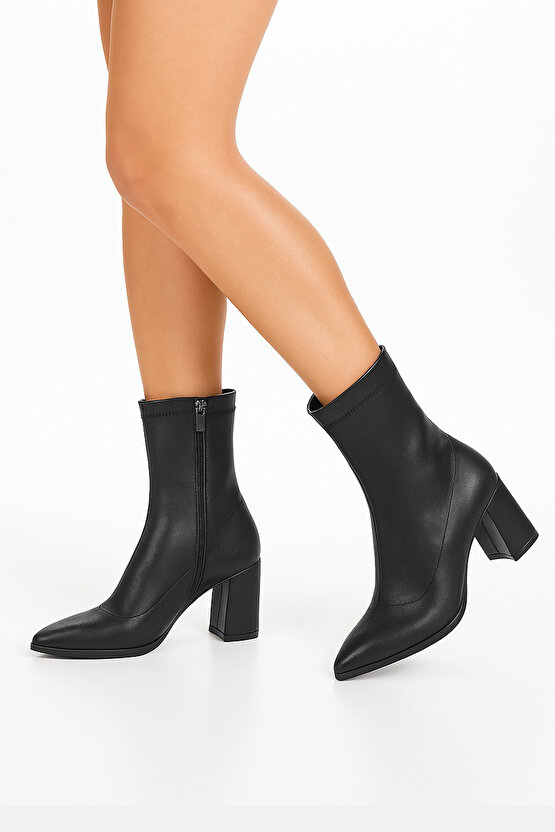 Kadın Bot Siyah Sivri Burun Topuklu Kadın Bot Streç Bilekli