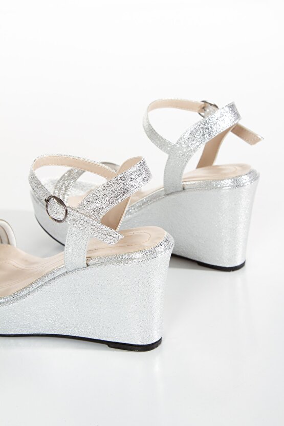 Kadın Gümüş Dolgu Topuklu Taşlı Sandalet