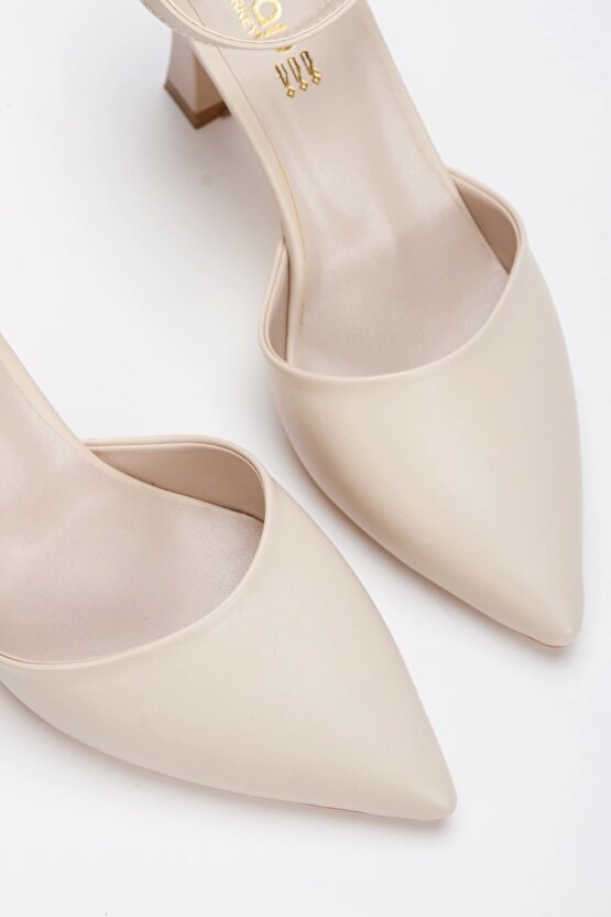 Kadın 8 Cm Topuklu Bej Deri Çanta Kombinli Stiletto Takımı