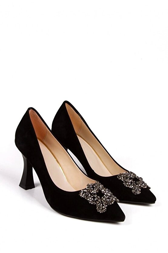 Siyah Süet Kadeh Ökçe Taşlı