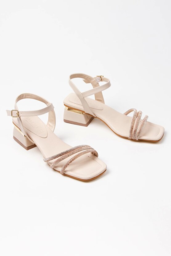 Kadın Bej Kısa Kalın Topuklu Taşlı Abiye Ayakkabı