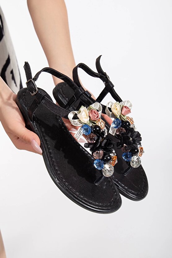 Kadın Yazlık Parmak Arası Sandalet Siyah Süslü