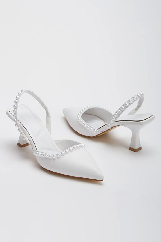 Kadın 5 Cm Özel Topuklu Sivri Ayakkabı Nişantaşı Beyaz İNCİLİ