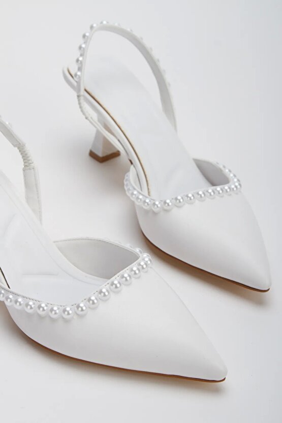 Kadın 5 Cm Özel Topuklu Sivri Ayakkabı Nişantaşı Beyaz İNCİLİ