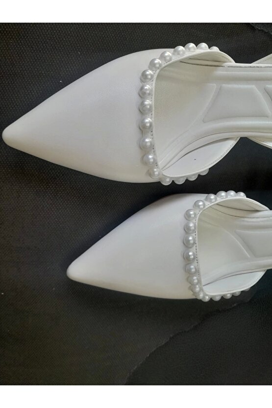 Kadın 5 Cm Özel Topuklu Sivri Ayakkabı Nişantaşı Beyaz İNCİLİ