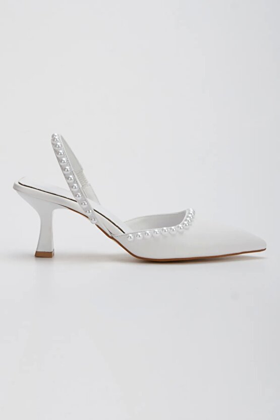 Kadın 5 Cm Özel Topuklu Sivri Ayakkabı Nişantaşı Beyaz İNCİLİ