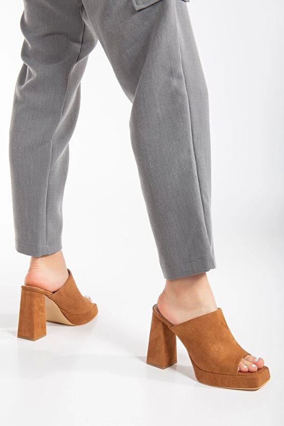 Kadın Yüksek Topuklu Terlik Dana Süet Taba