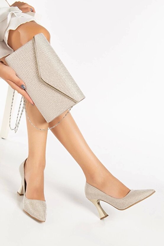 Kadın Şık TARZ 9 cm Özel Üretim Kalın Topuklu Stiletto ve Çanta Takımı Altın