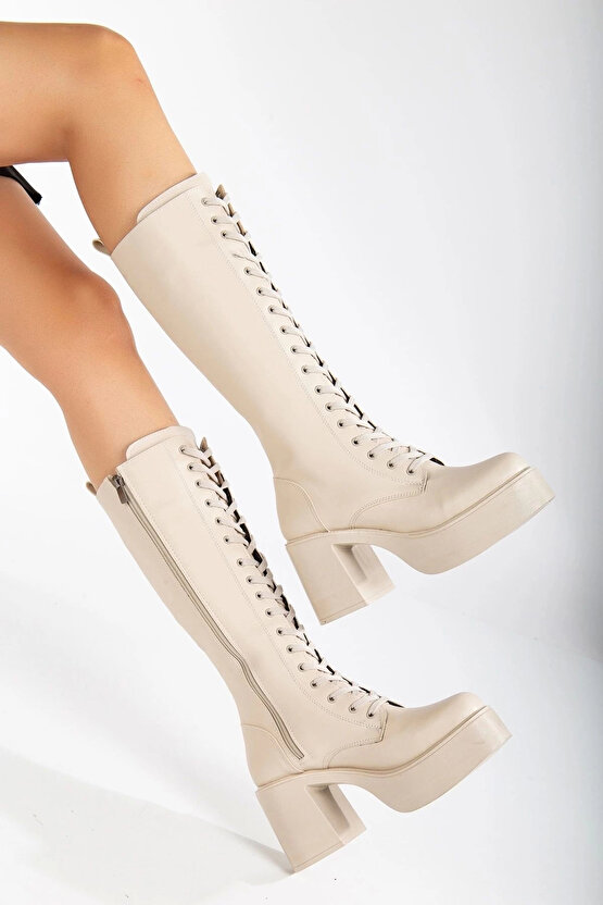 Kadın 7,5 cm Platform Topuklu Bağcıklı Çizme Bej