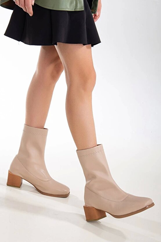 Kadın Küt Burunlu 5 Cm Topuklu Rahat Tam Kalıp Nude Strech Bot