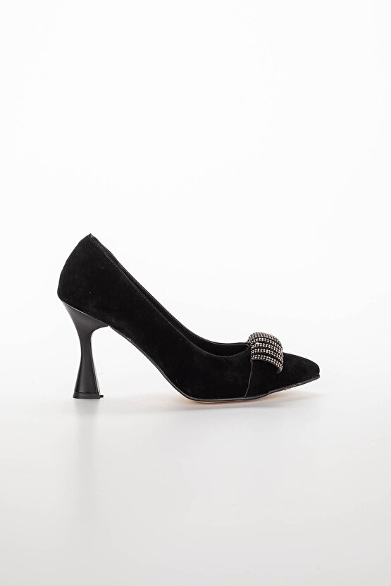 Kadın 9 cm Topuklu Siyah Süet Çanta Kombinli Stiletto Takımı