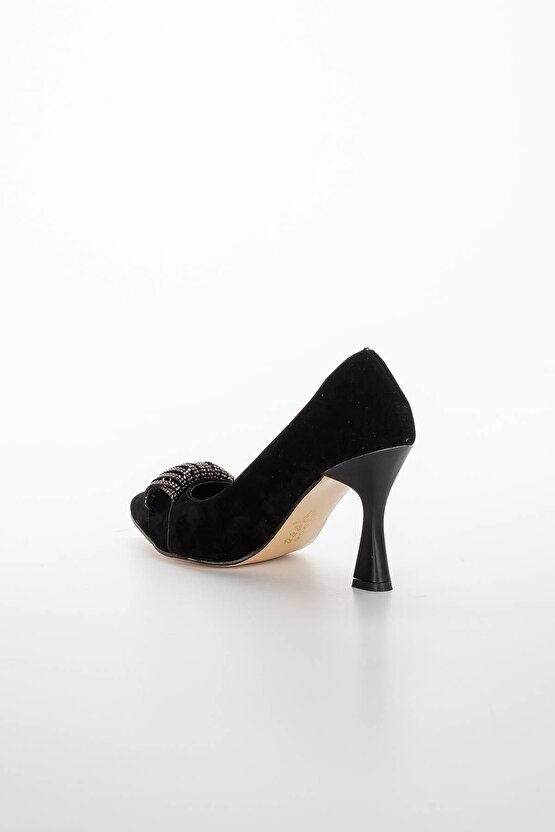 Kadın 9 cm Topuklu Siyah Süet Çanta Kombinli Stiletto Takımı