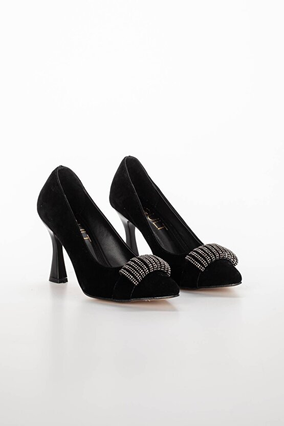 Kadın 9 cm Topuklu Siyah Süet Çanta Kombinli Stiletto Takımı