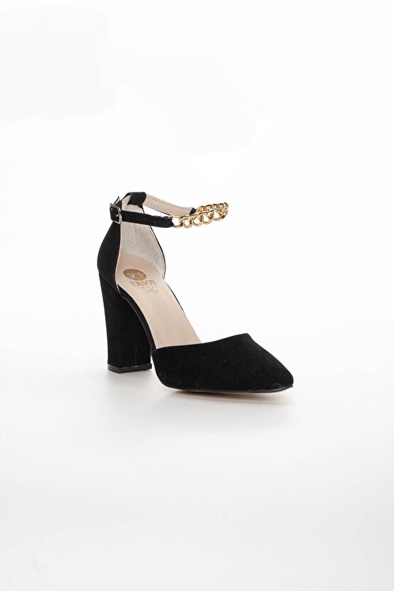 Zincirli Stiletto Siyah Süet