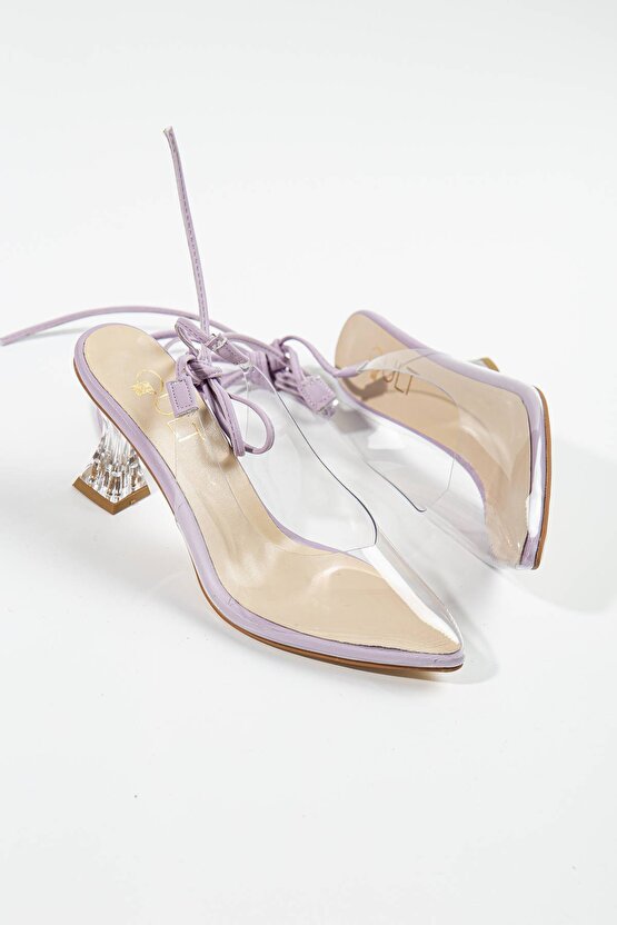 Kadın Şeffaf Ince Topuklu 7 Cm Bağlamalı Lila