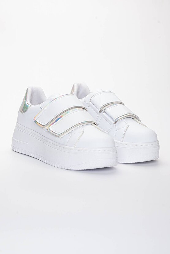 Kadın Kalın Tabanlı Spor Cırt Bantlı Beyaz Ayakkabı