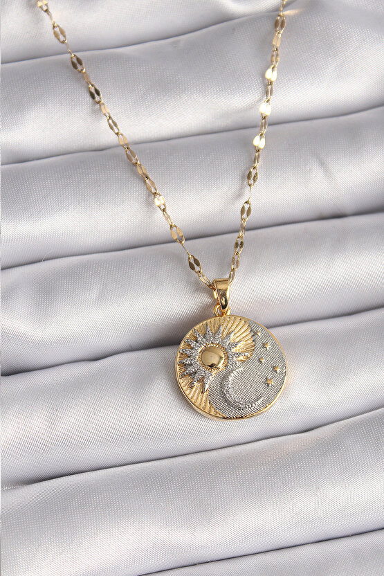 316L Çelik Mix Renk Zincir Zirkon Taşlı Gün DoğumuBatımı Madalyon Model Kadın Kolye