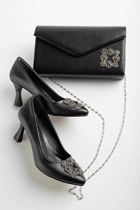 Kadın 7 Cm Topuklu Siyah Cilt Taş Detaylı Çanta Kombinli Stiletto Takımı