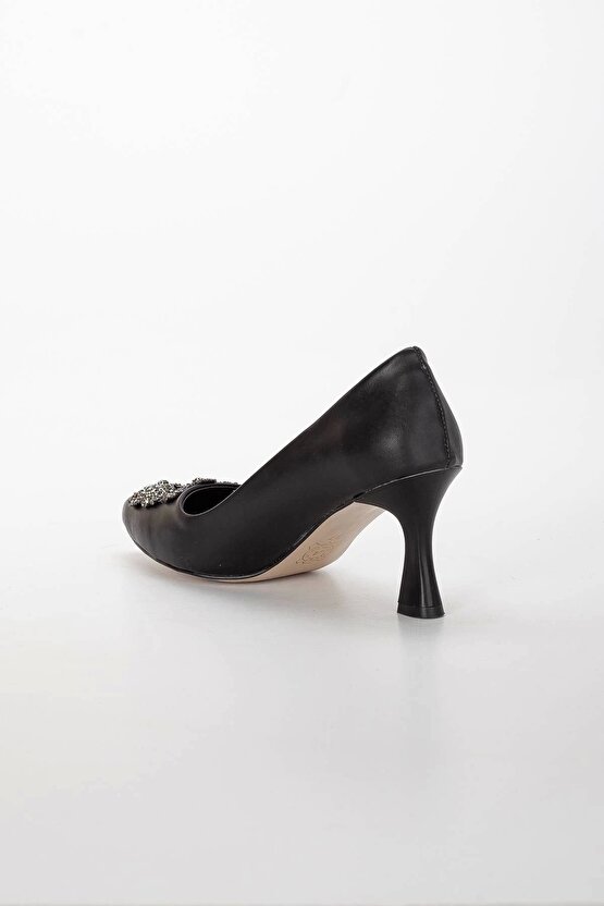 Kadın 7 Cm Topuklu Siyah Cilt Taş Detaylı Çanta Kombinli Stiletto Takımı