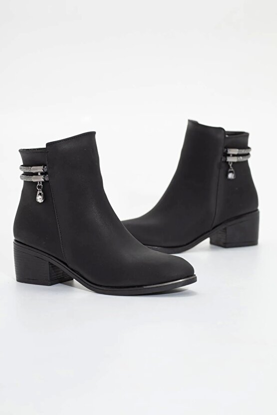 Kadın Günlük Bot Taş Detaylı 5 Cm Siyah