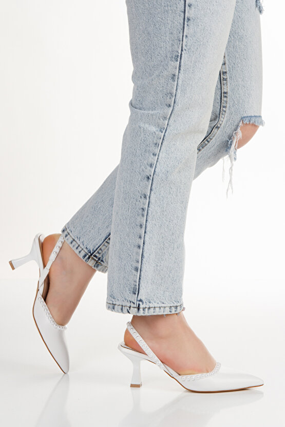 Kadın Beyaz İncili Gelinlik Ayakkabı