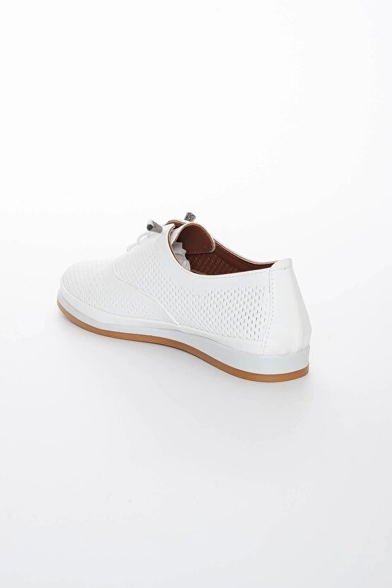 Hakiki Deri Kadın Günlük Ayakkabı Beyaz Bağcıklı Lazer I?şlemeli