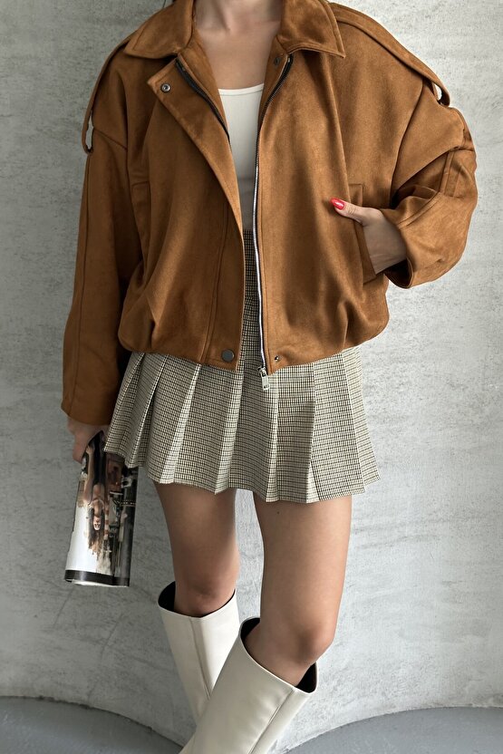 Kadın Oversize Süet Bomber Ceket - Yeni Sezon Deri Trend Ceket