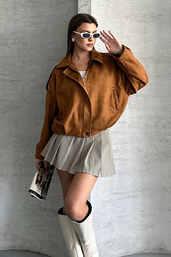 Kadın Oversize Süet Bomber Ceket - Yeni Sezon Deri Trend Ceket
