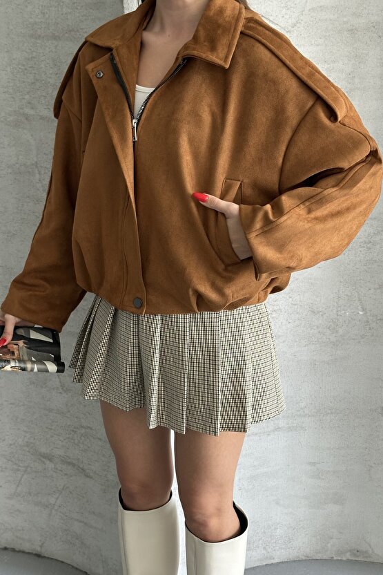 Kadın Oversize Süet Bomber Ceket - Yeni Sezon Deri Trend Ceket