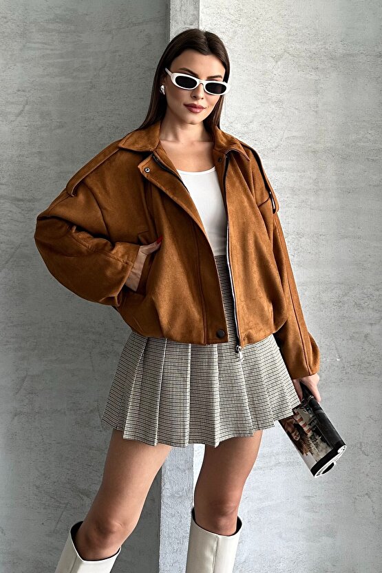 Kadın Oversize Süet Bomber Ceket - Yeni Sezon Deri Trend Ceket