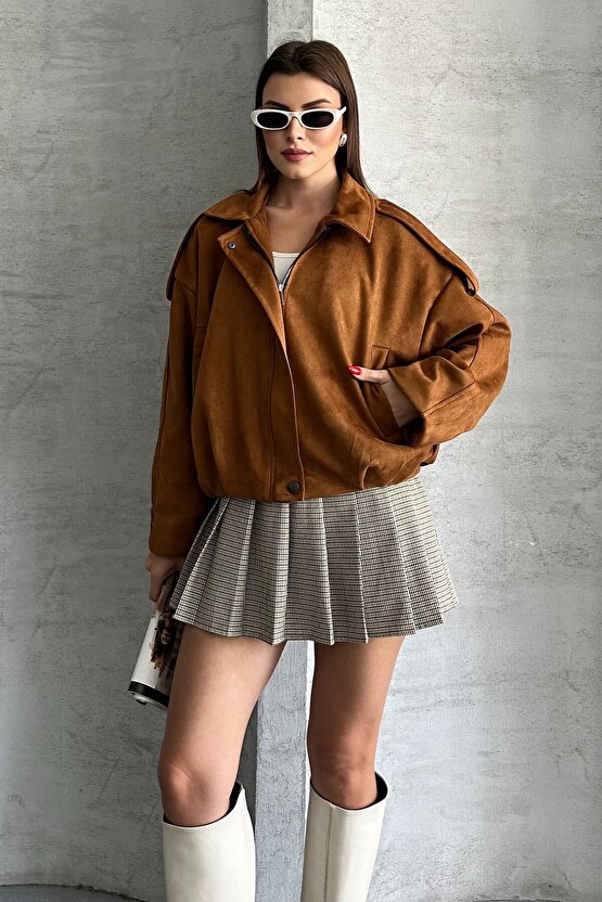 Kadın Oversize Süet Bomber Ceket - Yeni Sezon Deri Trend Ceket