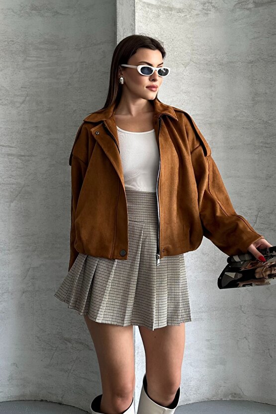 Kadın Oversize Süet Bomber Ceket - Yeni Sezon Deri Trend Ceket